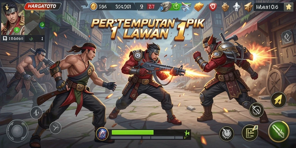 Tampilan antarmuka pertempuran HARGATOTO yang dinamis dan penuh aksi.